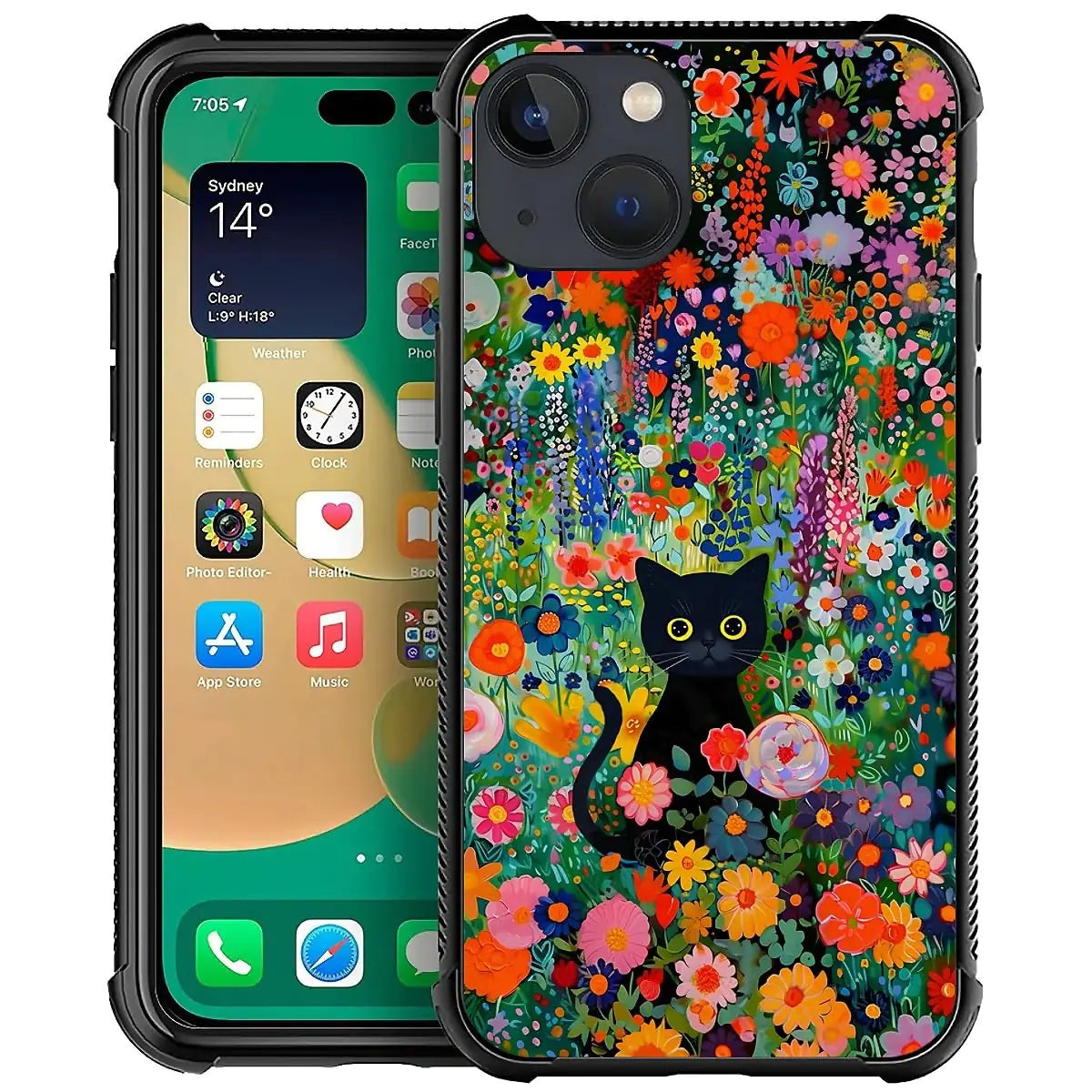 Funda de teléfono compatible con iPhone 14 Pro Max - Compatible con carga inalámbrica, carcasa trasera rígida de PC y parachoques de TPU con diseño de gato S Poppies