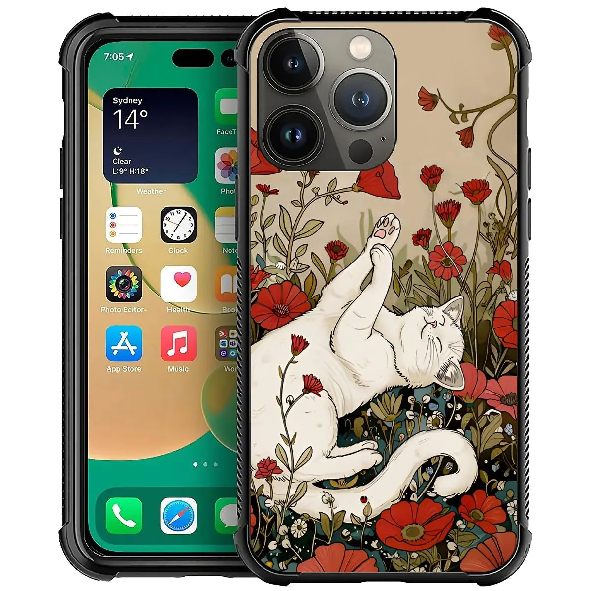 Funda de teléfono compatible con iPhone 14 Pro Max - Compatible con carga inalámbrica, carcasa trasera rígida de PC y parachoques de TPU con diseño de gato S Poppies